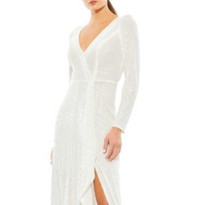 MAC DUGGAL SEQUIN WRAP THIGH SLIT EVENING WHITE GOWN SZ 4